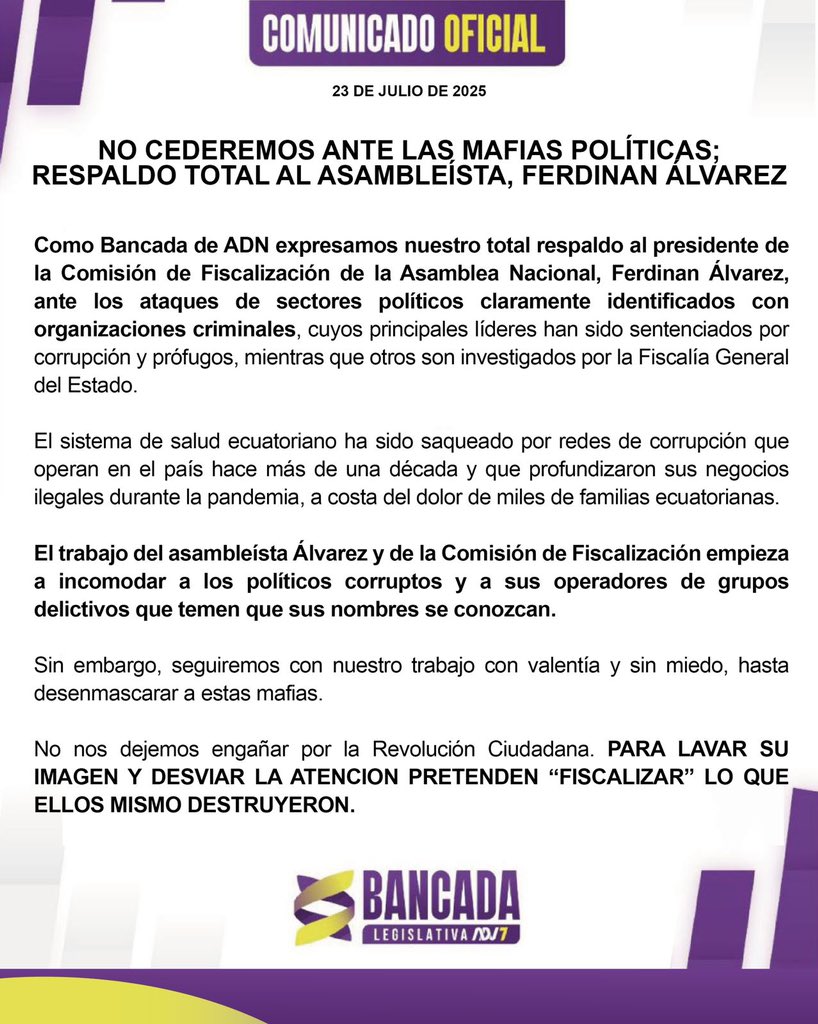 BancadaADN's tweet image. 🟣COMUNICADO🟣
No cederemos ante las mafias políticas: Respaldo total al asambleísta, Ferdinan Álvarez @FerdinanAZ87