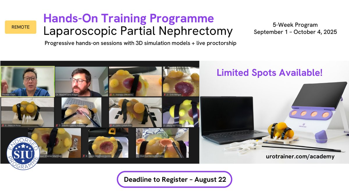 SIU_urology's tweet image. 🚨 Residents & fellows—ready to elevate your laparoscopic skills?
Join our Hands-On Partial Nephrectomy Training Program
🟣 Practice 12 surgeries
🟣 Expert mentorship
🟣 Simulation training
🟣 Certification
Register until 22 August: bit.ly/4lGPHhB
@urotrainer
