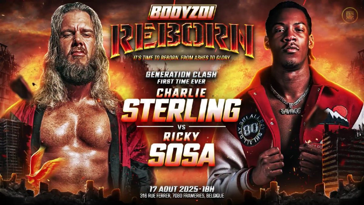 CatchenFranco's tweet image. BodyZoi (Belgique) a annoncé un nouveau match pour leur show REBORN qui aura lieu le 17 aout à Frameries.
Ricky Sosa affrontera Charlie Sterling