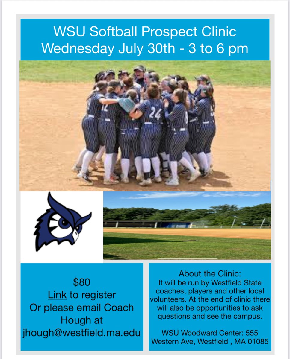 Coach Hough WSU Softball (@coachhough413) on Twitter photo Exactly one week away from the Westfield State clinic. Send me a message or an email to sign up.
jhough@westfield.ma.edu Exactly one week away from the Westfield State clinic. Send me a message or an email to sign up.
jhough@westfield.ma.edu