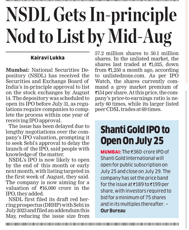 NSDL got SEBI's nod to list on stock exchanges by August 14. Its IPO, delayed over valuation talks, may open soon with a ₹16,000 crore target. 

Shares trade at ₹1,025 in the grey market with ₹154 premium.