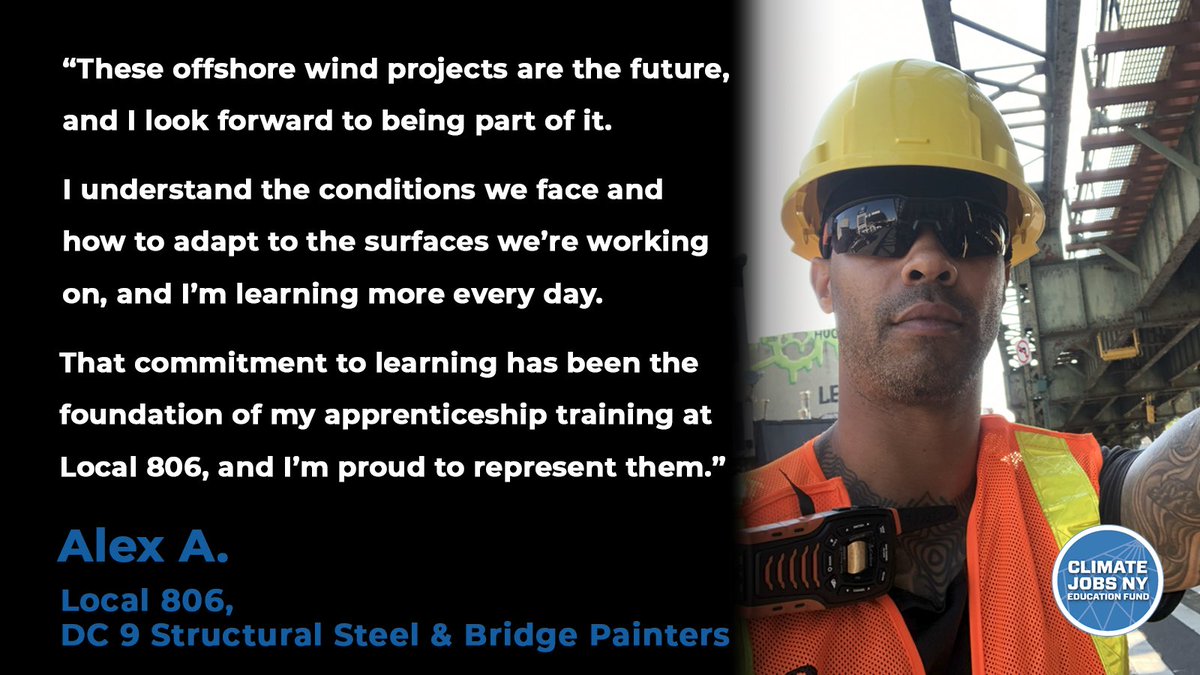 ClimateJobsNY's tweet image. #WindWednesday Spotlight: DC9 Local 806 bridge painter Alex grew up in the South Bronx & knows what energy insecurity looks like. Now he is training to help build a more reliable & affordable future through offshore wind, & he is proud to be part of it. #EnergyIndependenceMonth