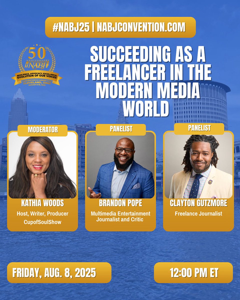 Moregutz72's tweet image. Excited to share I’ll be speaking at this year’s @NABJ convention.
Join me @BpopeTV & Kathia Woods on Friday August 8 to learn how we cover entertainment and news as freelancers.
See you in Cleveland #nabj25