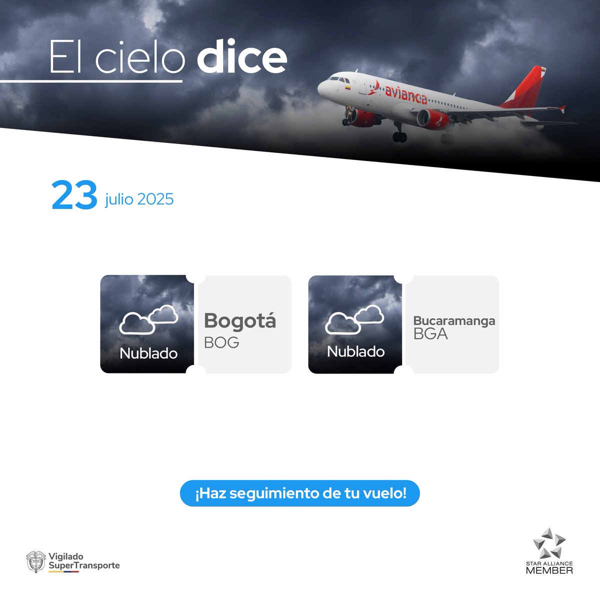 #ElClimaDice y nosotros te lo contamos. ☁️✈️

Revisa el estado de tu vuelo, puede haber cambios por condiciones climáticas: cutt.ly/yrfinBkm. 👈