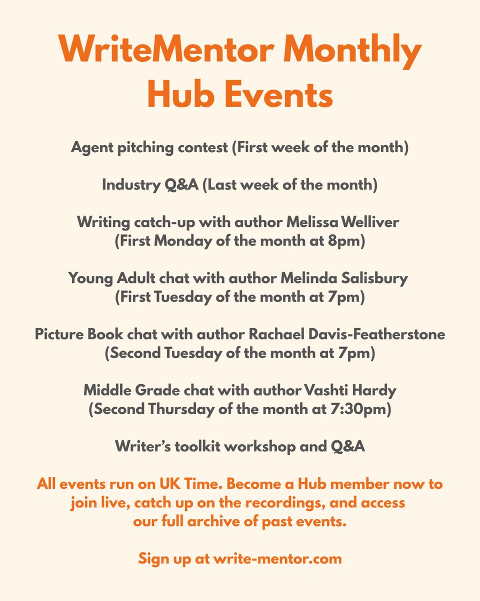 writementor's tweet image. Whether you're drafting your first book or celebrating your published debut, the WriteMentor Community Hub is a supportive & welcoming space to advance your writing craft, confidence & career.
Check out our monthly events calendar & join the Hub today: bit.ly/4bUFGZt