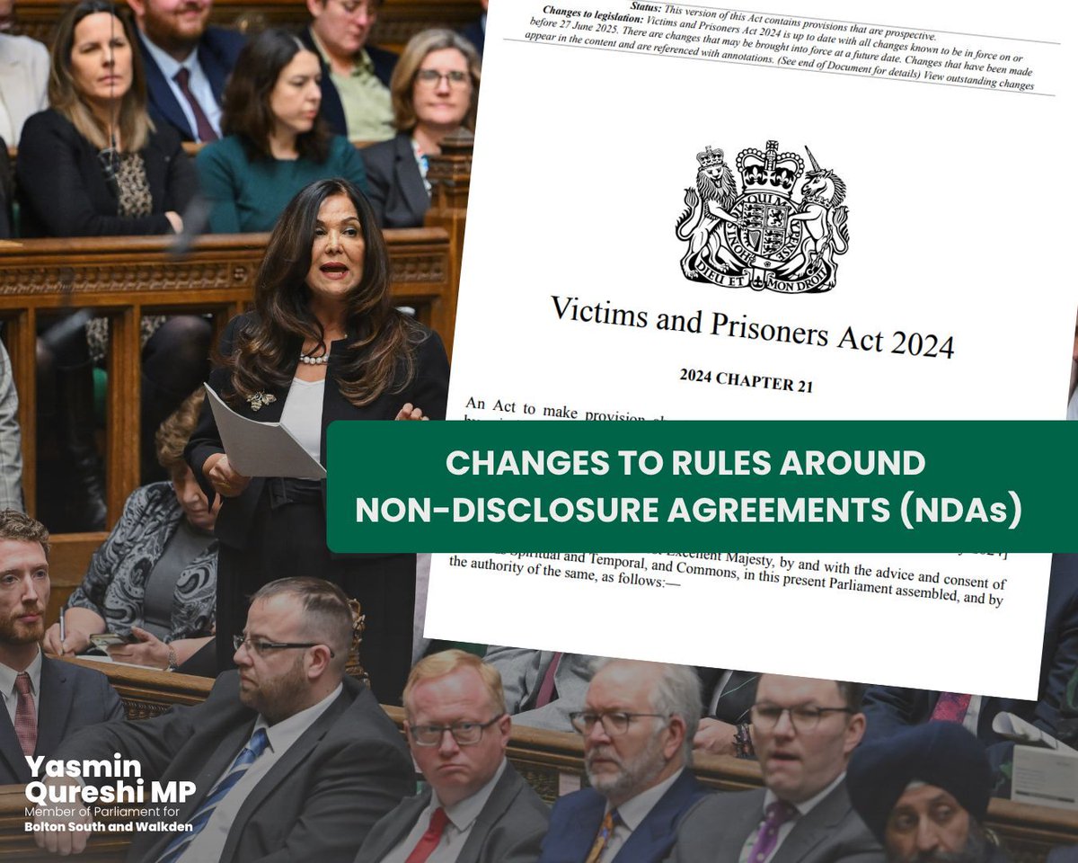 YasminQureshiMP's tweet image. Thanks to the Victims & Prisoners Act 2024 and the Higher Education (Freedom of Speech) Act 2023, NDAs can no longer block crime reporting, regulator cooperation, or access to vital support. A huge win for victims’ rights.
🔗 yasminqureshi.org.uk/news/2025/07/2…