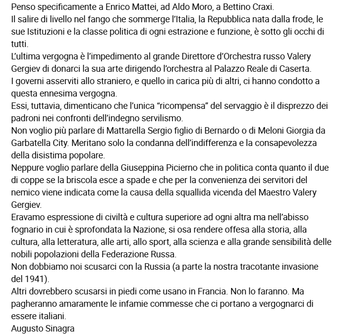 anubi77787292's tweet image. VALERY #GERGIEV: L’ABISSO DELLA VERGOGNA
L’Italia vive passando da vergogna a vergogna salvo pochi sprazzi di luce spenti da mani assassine
Applausi al Prof.#Sinagra