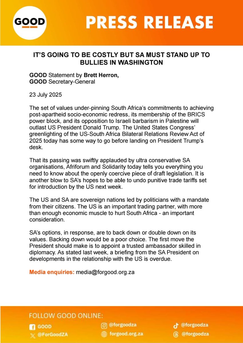 ForGoodZA's tweet image. IT’S GOING TO BE COSTLY BUT SA MUST STAND UP TO BULLIES IN WASHINGTON
The set of values under-pinning South Africa’s commitments to achieving post-apartheid socio-economic redress, its membership of the BRICS power block, and its opposition to Israeli barbarism in Palestine will…