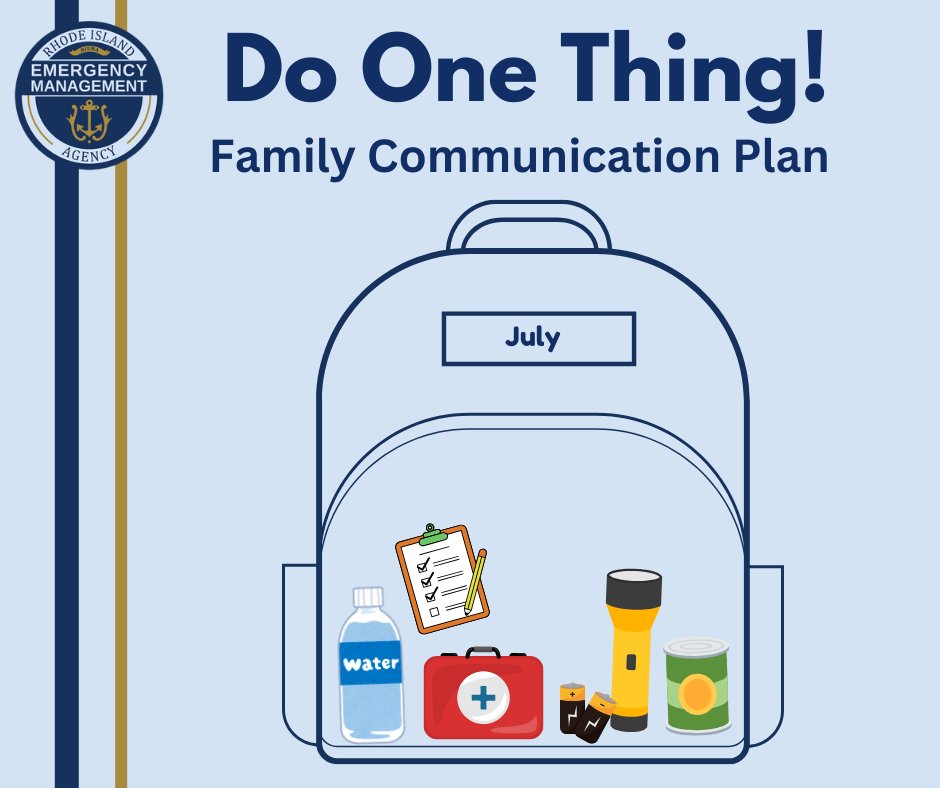 RhodeIslandEMA's tweet image. This months ‘Do 1 Thing’ is making sure to have an updated family communications plan. Know how you’ll get in touch, where you’ll meet, and who to call if you get separated. Being prepared means staying connected when it matters most.