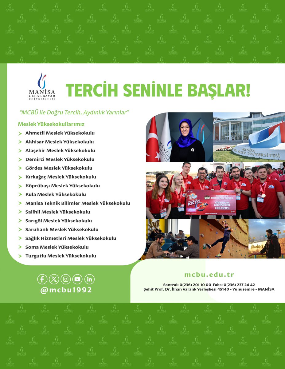 Tercih Seninle Başlar!

“MCBÜ ile Doğru Tercih, Aydınlık Yarınlar”

#Bilim #Sanat #Spor ve Daha Fazlası
#ManisaCelalBayarÜniversitesi 
 #üniversitetercihleri #2025yks #yks2025 #yks25 #YKS #ykstercih #başarısırası #tercih2025 #eğitim #ösym #doğrutercih #tercihzamanı #tercihdönemi
