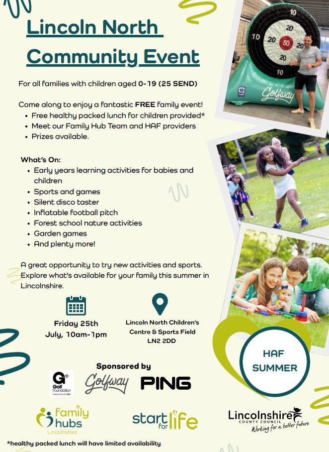 LincolnshireCC's tweet image. 📢Lincoln North community event in partnership with Family Hubs and HAF!
This is a fantastic opportunity to explore fun, healthy, and engaging activities available across Lincolnshire this summer!
For all families with children 0-19 (25 SEND)
🗓️Friday, 25 July
⏰10:00 AM –…