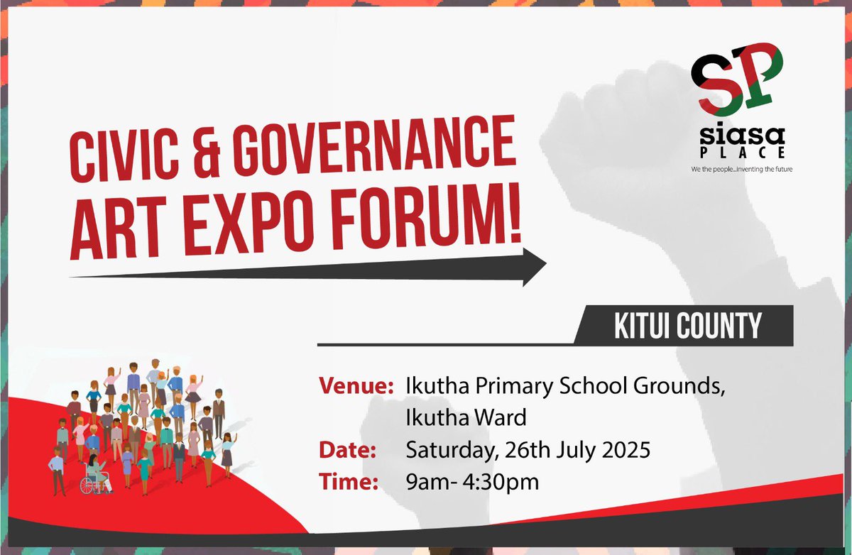 Raundi hii tuko Kitui!!!

Join us as we reimagine governance conversations through creativity and community. 
We’re bringing together art, dialogue and action to spark conversations on governance and civic engagement. 

📍 Venue: Ikutha Primary School Grounds, Ikutha Ward
📅