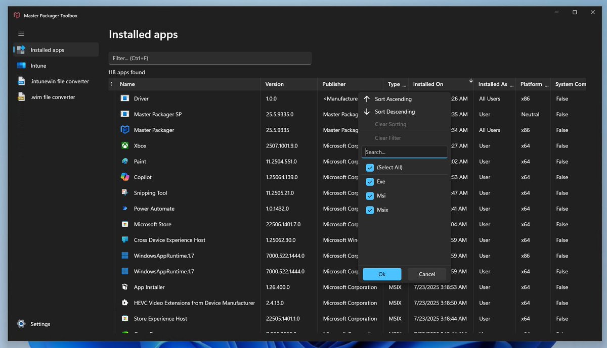 MasterPackager's tweet image. Master Packager 25.5.9335 is here. 🚀

- Install/uninstall drivers and their certificates using our new predefined driver custom actions
- Create and extract .wim files using Master Packager Toolbox
- New, improved table view under Installed apps
- Add Intune categories in Master…