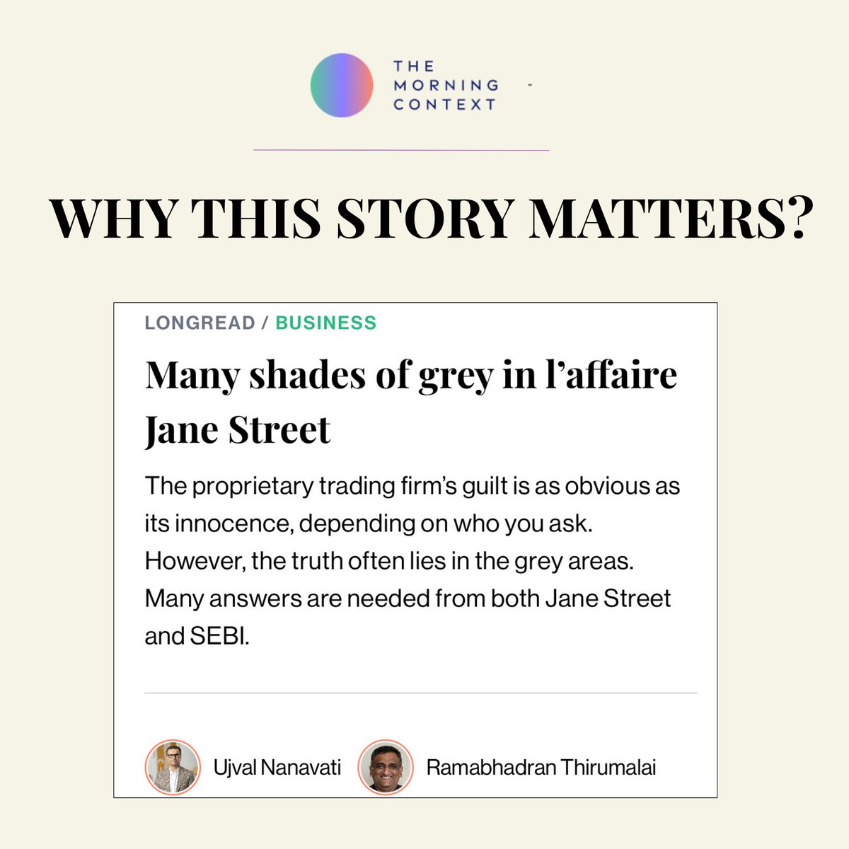 MorningContext's tweet image. Jane Street is back to business while SEBI's allegations continue to hang. This case is as much about regulation as it is about one firm.
Full story: themorningcontext.com/business/many-…