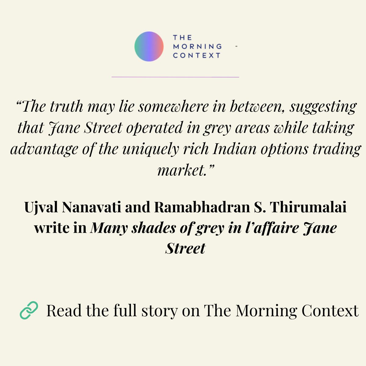MorningContext's tweet image. Jane Street is back to business while SEBI's allegations continue to hang. This case is as much about regulation as it is about one firm.
Full story: themorningcontext.com/business/many-…