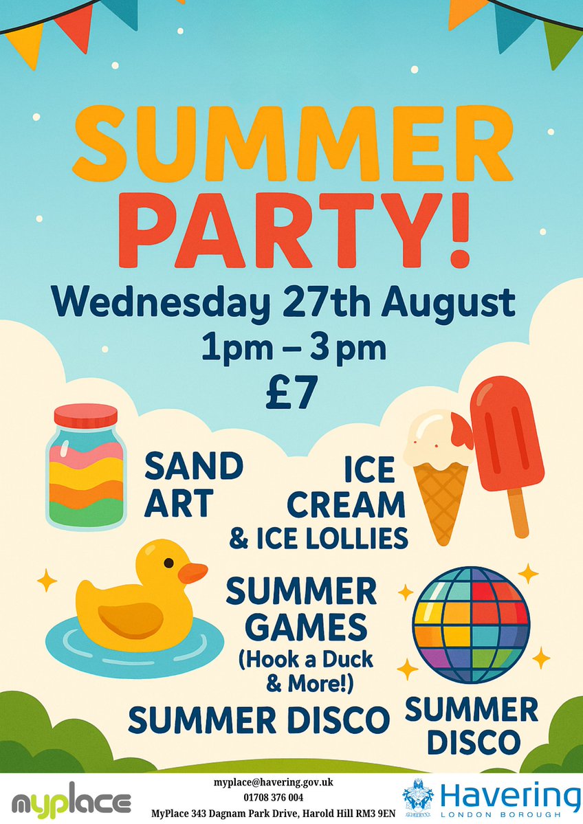 Join us on Wednesday 27th August for a Summer Party  @ MyPlace

For ages 2 to 12 years (under 5's must be accompanied by an adult)

Ring 01708 376004 to book your place!