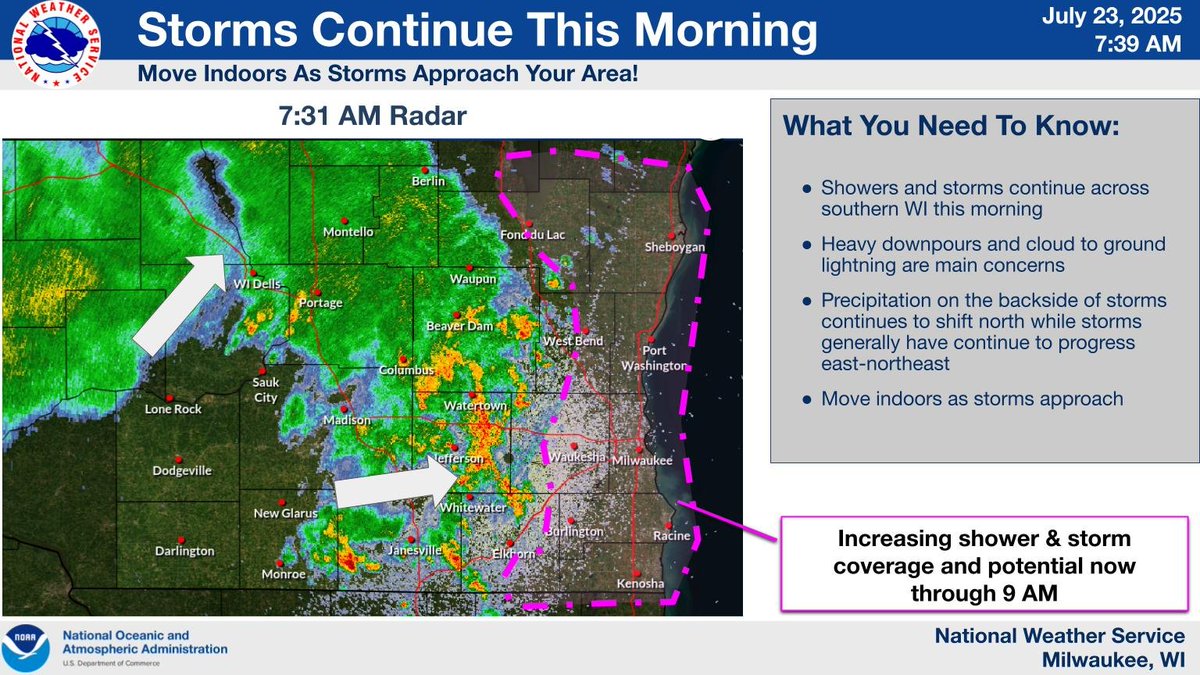 NWSMilwaukee's tweet image. Showers and storms continue across southern WI this morning. Heavy downpours and cloud to ground lightning are main concerns. Precipitation on the backside of storms continues to shift north while storms generally have continue to progress east-northeast. #wiwx