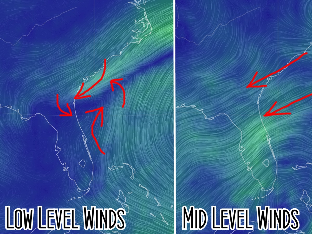 tropicalupdate's tweet image. Seeing the Tropics from current winds is neat. Lower level winds (left) shows the basic idea of 'low pressure' formation. Winds race up from the south to meet frontal line winds from the NE. If shear relaxes we sometimes get development from this lower level 'spinnage'. Current…