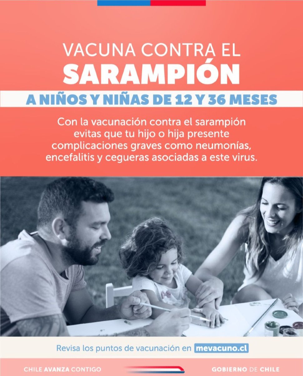 👶💉Niños y niñas de 12 y 36 meses deben vacunarse contra el Sarampión, al igual que niños y niñas que cursan 1º o 2º básico y aún no han iniciado o completado su esquema de vacunación.

✅Vacuna gratuita y obligatoria.

Más información en mevacuno.cl 👈🏻
