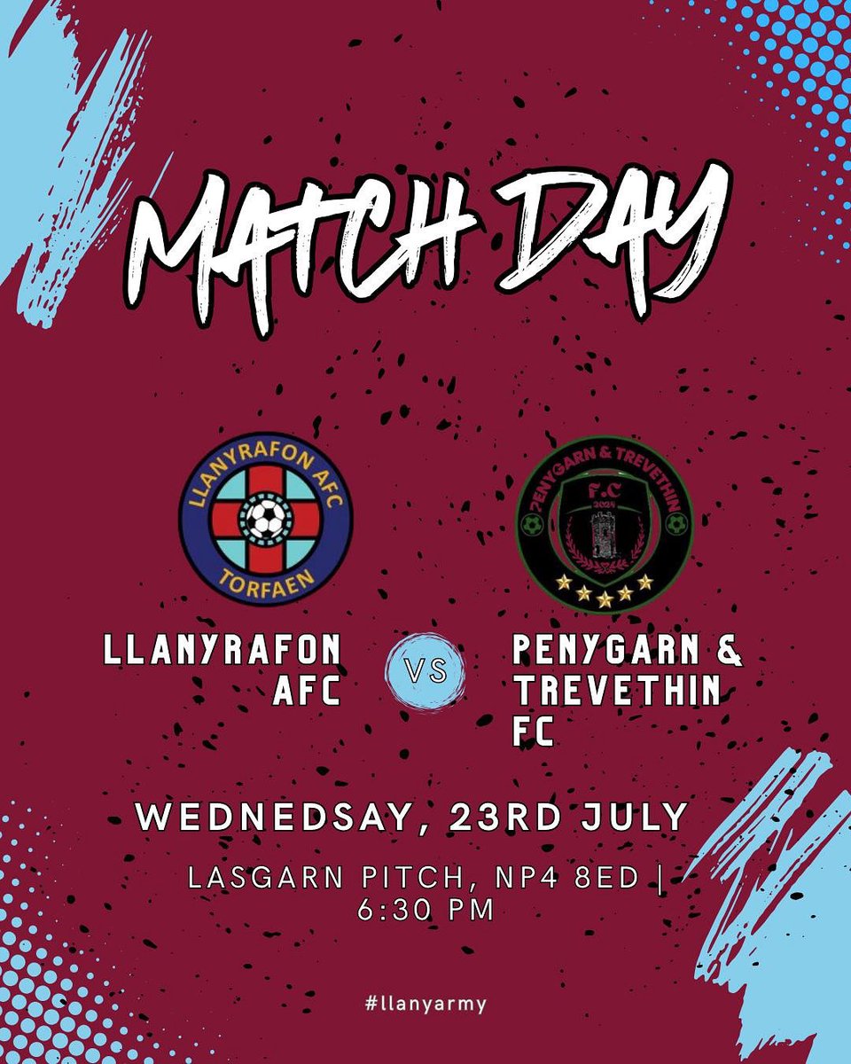 📣MATCHDAY ANNOUNCEMENT📣

Get ready for an evening of football as Llanyrafon AFC take on Penygarn Trevethin in what promises to be a competitive preseason clash!

Fixture: Llanyrafon AFC vs Penygarn Trevethin FC
Kick-Off: 18:30
Date: 23/07/2025
🏟️: Lasgarn Pitch