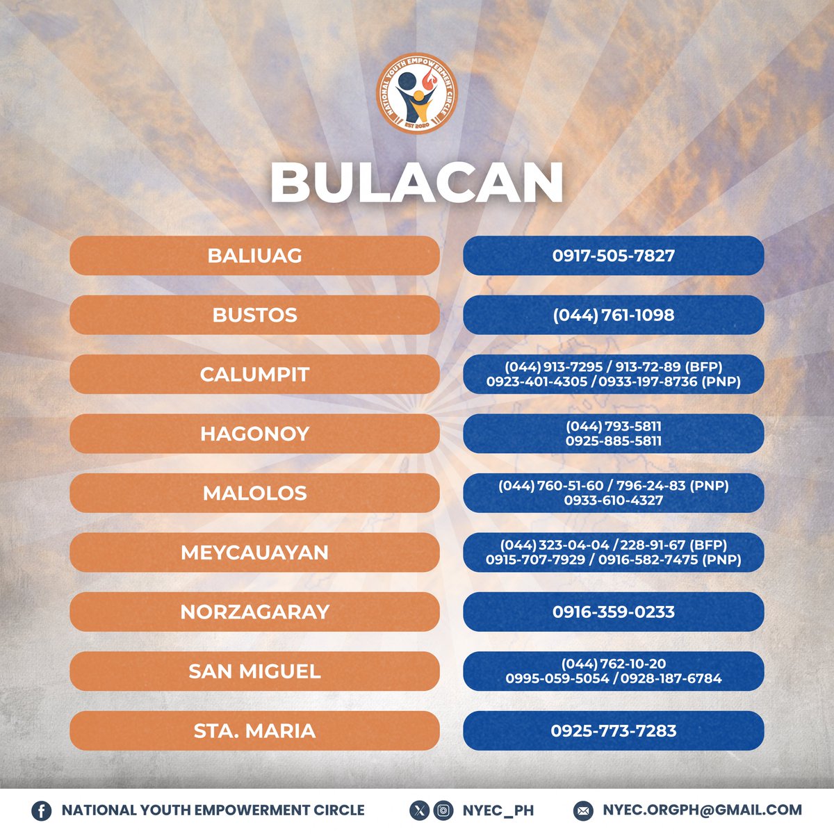 nyec_ph's tweet photo. Following up our emergency list, here are the key local hotlines for Bulacan, Cavite, Rizal, and Quezon Province.

Help might just be a call away.

𝘚𝘢𝘷𝘦, 𝘴𝘩𝘢𝘳𝘦, 𝘢𝘯𝘥 𝘦𝘮𝘱𝘰𝘸𝘦𝘳 𝘺𝘰𝘶𝘳 𝘤𝘰𝘮𝘮𝘶𝘯𝘪𝘵𝘺. 🛟 

#NYEC2025 #WeSparkChange https://t.co/Xxgekt5ywS