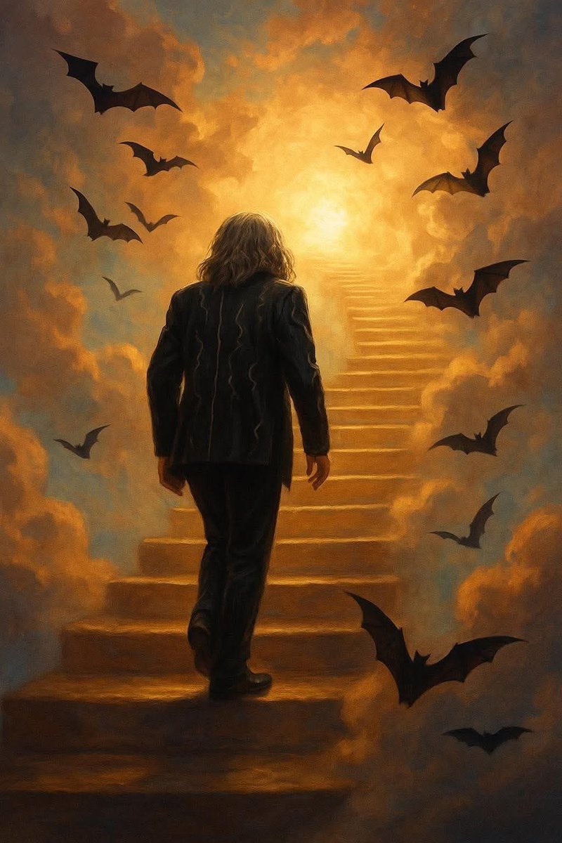 #OzzyOsbourne #OzzyOsbourneRIP  Bats 🦇 fly into the darkness and to light as the Prince of Darkness climbs the stairs above. He glares into the beam of light and all that was wrong in his life vanishes in a blink of an eye. He can walk again, he feels no pain. His gone home.