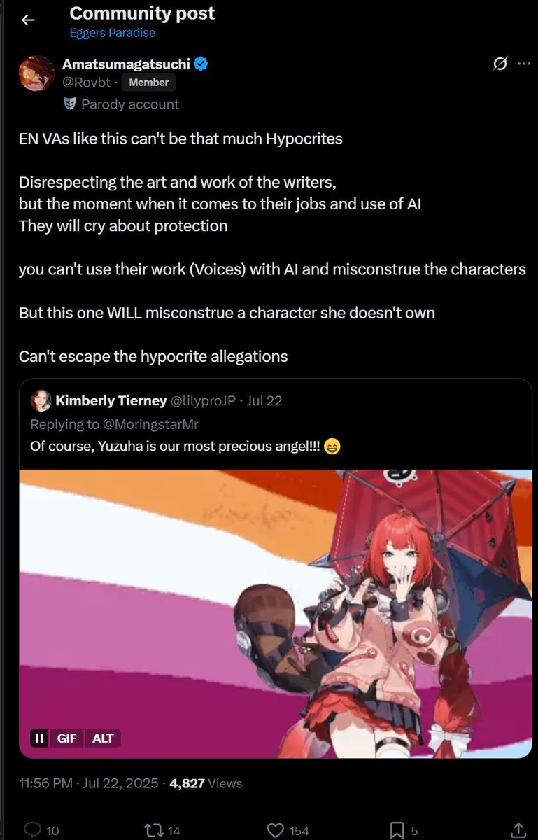 Rickslx's tweet image. You sure? Tectone&apos;s community is filled with people attacking a VA for simply showing the lesbian flag in a gif. At this point it&apos;s disingenuous to say it is the hoyo community when the people triggered are just...homophobes all over twitter, most of them NON-players