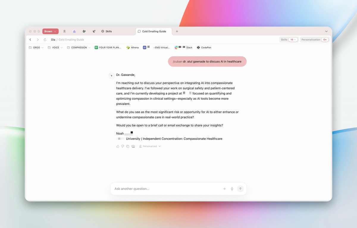 medstudentnoah's tweet photo. A new @diabrowser skill I've been using to get meetings with physicians and researchers: /cuban.

Creates cold emails based on the guidelines of @mcuban personalized to the sender and recipient based on your Dia context.

Prompt in comments &amp; hopefully in skills gallery soon. https://t.co/3zFOq5l0Xs