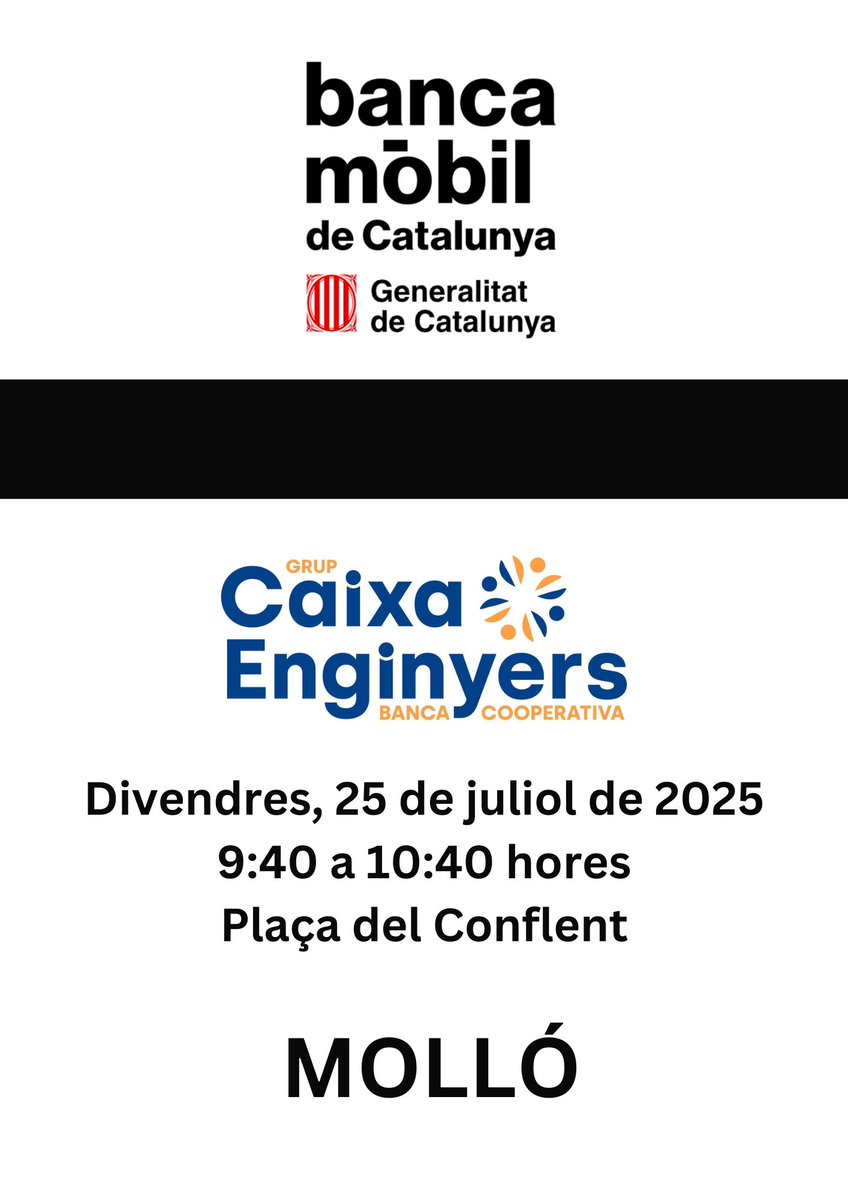 AjuntamentMollo's tweet image. Divendres 25 de juliol hi haurà servei de banca mòbil a Molló de @CaixaEnginyers