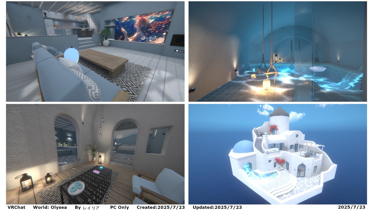 ankianokoubou's tweet image. #VRChatワールド紹介 #VRChat_World紹介
vrchat.com/home/world/wrl…
白いプール付き邸宅のワールド。パン焼きギミック等があります。
建物自体は「【VRChat】サントリーニ風ヴィラワールド」としてBOOTHで販売されてるものです。
World: Olysea
By レイリア
PC Only
#VRChat