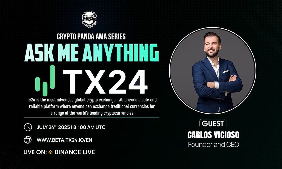 🎙️ Join us for Exclusive #Binance Live AMA with <a href="/tx24io/">Tx24</a>

🗓️ Date:- 24th July 2025
🕰️ Time:- 8:00 AM UTC 
🎙️ Guest: - Carlos Vicioso, Founder and CEO

📌 Set Reminder &amp; Joined AMA  :- binance.com/live/video?roo…

〽️ Rules: 
1️⃣ Follow  <a href="/tx24io/">Tx24</a>
2️⃣ Like &amp; Retweet this post