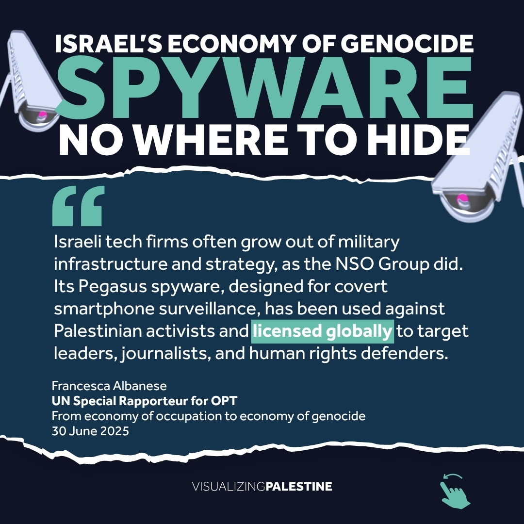 visualizingpal's tweet image. From military technology to settler tourism, profiteers sustain &amp;amp; expand Israel’s economy of genocide by providing “boundless supply and demand”, according to the latest report from UN Special Rapporteur for OPT @FranceskAlbs.
Learn more in our visual &quot;The Pegasus Effect.&quot;