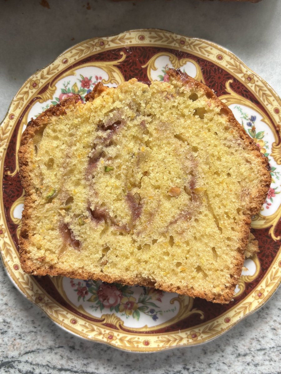 bakingenjoyer's tweet image. orange + pistachio loaf cake, swirled with raspberry jam &lt;3