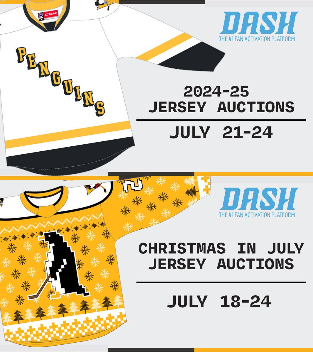 WBSPenguins's tweet image. We've got a handful of jersey auctions wrapping up this week on @Win_with_DASH .
Check out a selection of 2024-25 Alternate Jerseys, including sweaters Rutger McGroarty, Sergei Murashov and Owen Pickering, or celebrate Christmas in July:
Bid now at bit.ly/WBSDash