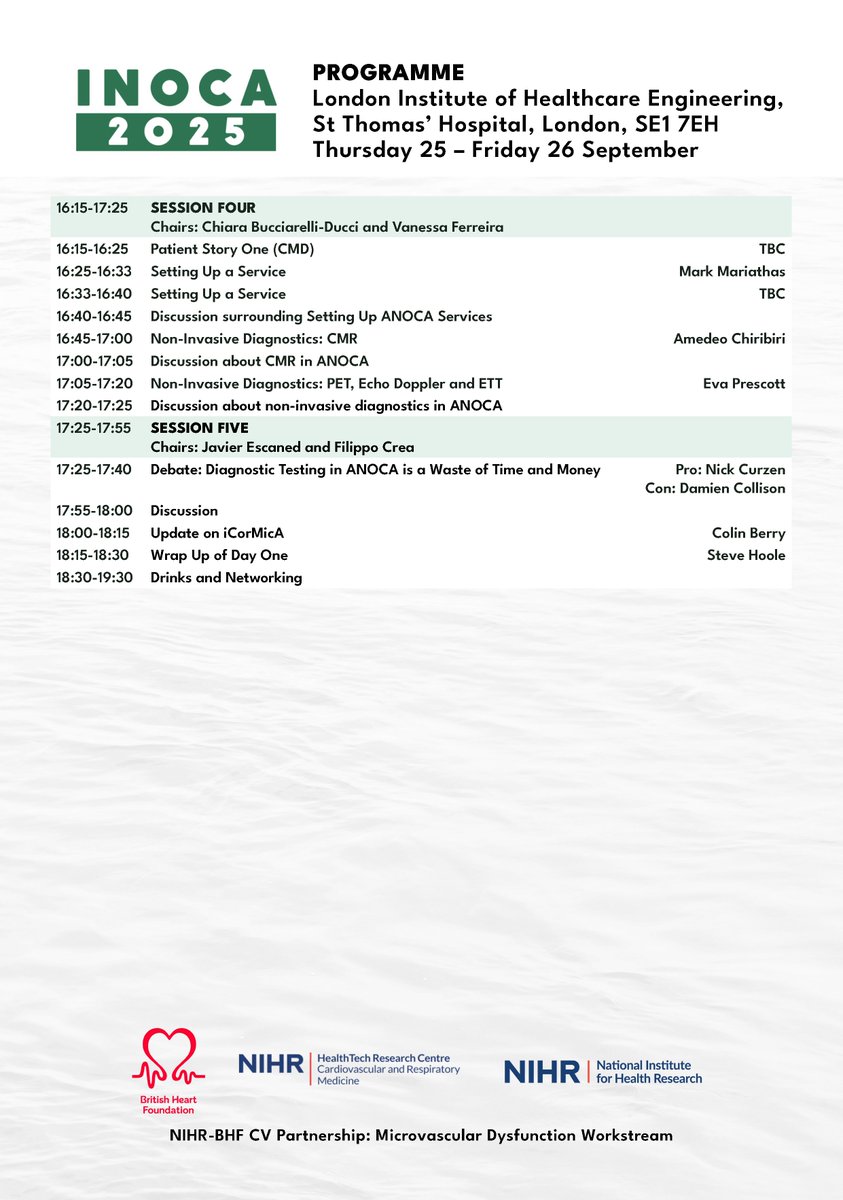 The INOCA 2025 programme is now live!
Get ready for expert insights, practical demonstrations, and lively debate, including sessions such as:
 ⏳ Coronary Microvascular Dysfunction: The Evolution from Syndrome X
💧 How to Do Bolus Thermodilution
🧭 BHF/NIHR UK CMD Workstream