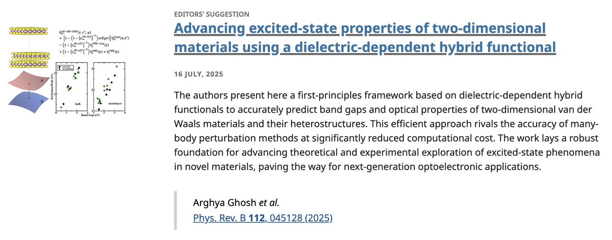 PhysRevB's tweet image. PRB Editors' Suggestion: Advancing excited-state properties of #2DMaterials using a dielectric-dependent hybrid functional
A. Ghosh, S. Jana et al.,
Phys. Rev. B 112, 045128
➡️ go.aps.org/4m4lAkl
#OpenAccess #EdSugg @APSPhysics #physics #condmat @jan89809 @manoarphy