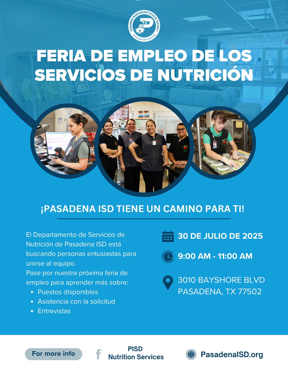 🍽️ Join the Pasadena ISD Nutrition Services Team!
We're hosting a Job Fair on July 30 from 9–11 a.m. at the Nutrition Services Building. Come learn more about open positions and how you can help fuel student success across our district!