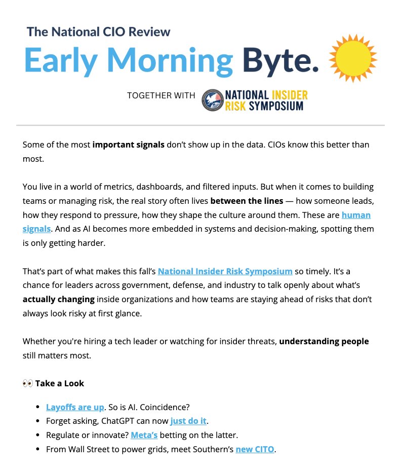 NatlCIOReview's tweet image. Happy Wednesday! Make sure to catch up on the top headlines with today's Early Morning Byte, brought to you by @DSI_Group
Check it out: go.nationalcioreview.com/EMB20250723