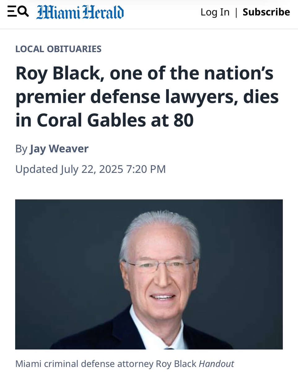 Amy31129057's tweet image. Roy Black…… former Epstein attorney dies.
Roy Black, the prominent defense attorney who helped secure Jeffrey Epstein's 2008 plea deal, has died, according to his law partner.
Black died on Monday at his home in Coral Gables at the age of 80 after an illness, his law partner…