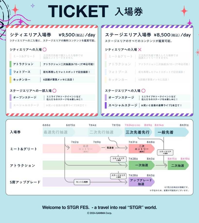 ✈️ #ストグラフェス
大好評につき
三次先着先行 受付決定！
7/24(木)12:00~先着で受付開始！

🔴 シティエリア入場券
🟣 ステージエリア入場券

👉 チケットお申し込みはこちら
eplus.jp/sf/word/000017…

👉 詳細はこちら
 stgrfestival.com

#ストグラ の街に観光客として
遊びに行こう！