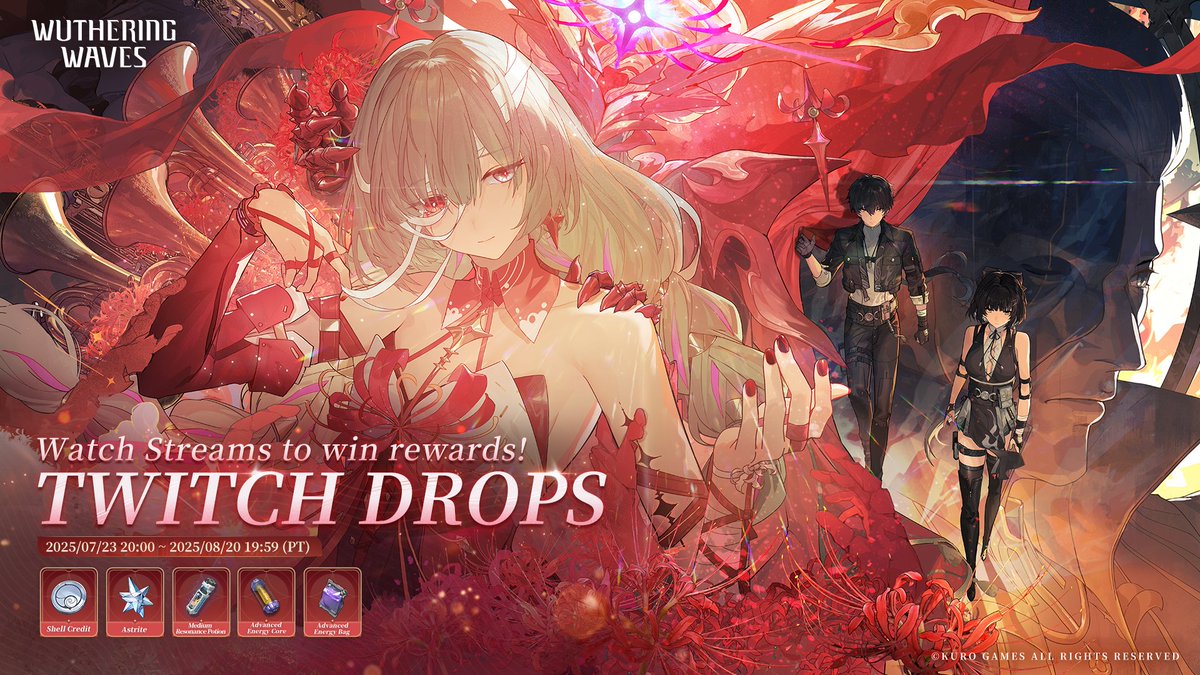 Wuthering_Waves's tweet image. Dear Rovers,
V2.5 Wuthering Waves Twitch Drops event starts today!
Watch Wuthering Waves-related streams on Twitch to win various rewards including Astrite! Make sure to link your Twitch account and Wuthering Waves account to receive the rewards.
Event Duration: 2025/07/23 20:00…