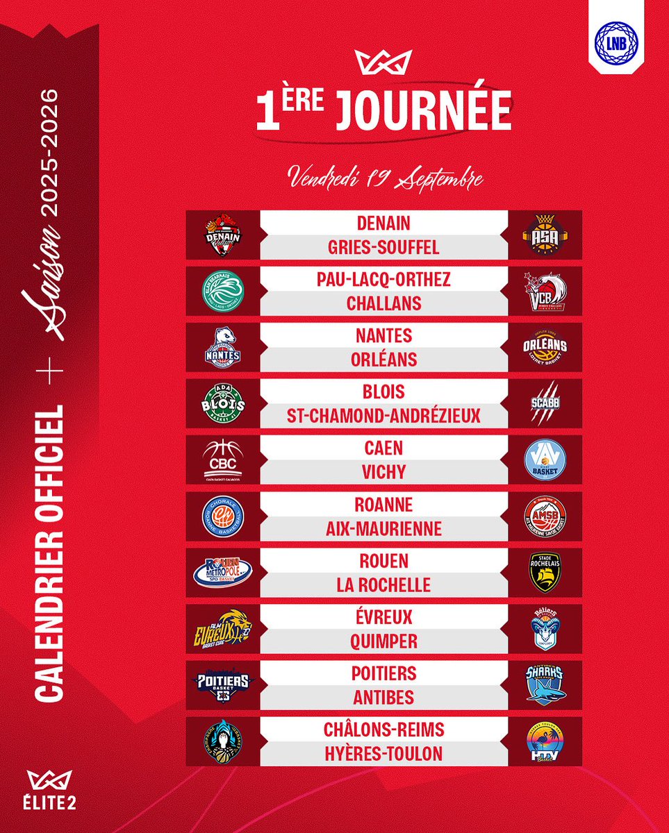 PROB (@prob_officiel) on Twitter photo Une rencontre au sommet entre la <a href="/ChoraleRoanne/">Chorale Roanne Basket</a> et <a href="/amsbofficiel/">Aix Maurienne Savoie Basket</a> dès la 1️⃣ère journée 💥
Mais également un choc <a href="/pb86officiel/">Poitiers Basket 86</a> - <a href="/AntibesSharks/">Antibes Sharks</a> 👊
Le calendrier complet de la saison 2025-2026 d’#ELITE2 disponible à 18h00 ⏳ Une rencontre au sommet entre la <a href="/ChoraleRoanne/">Chorale Roanne Basket</a> et <a href="/amsbofficiel/">Aix Maurienne Savoie Basket</a> dès la 1️⃣ère journée 💥
Mais également un choc <a href="/pb86officiel/">Poitiers Basket 86</a> - <a href="/AntibesSharks/">Antibes Sharks</a> 👊
Le calendrier complet de la saison 2025-2026 d’#ELITE2 disponible à 18h00 ⏳