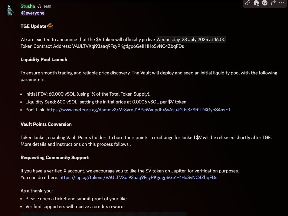 Gaius🌿📚🪶 (@gaius1337) on Twitter photo Going live in 65 mins!
Big ask, please "like" here so <a href="/JupiterExchange/">Jupiter (🐱, 🐐)</a> verifies our token faster
jup.ag/tokens/VAULTVX… Going live in 65 mins!
Big ask, please "like" here so <a href="/JupiterExchange/">Jupiter (🐱, 🐐)</a> verifies our token faster
jup.ag/tokens/VAULTVX…