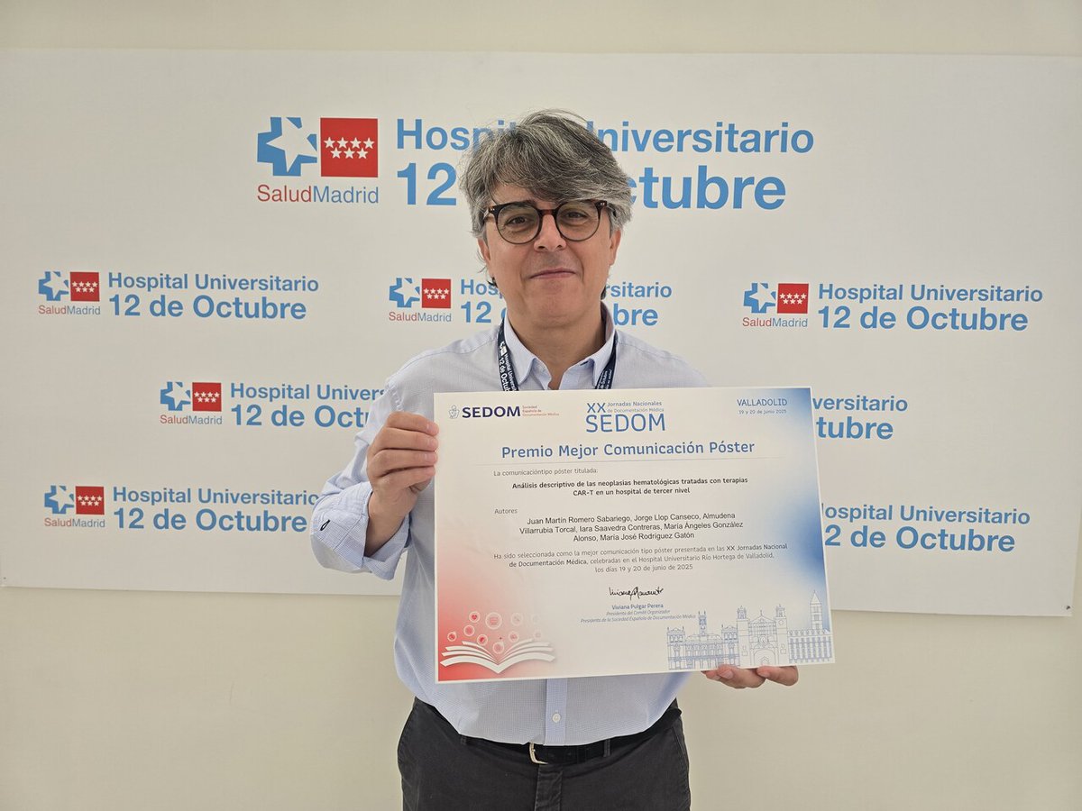 🏅 Juan Martín Romero, Premio a la Mejor Comunicación formato póster en las XX Jornadas Nacionales de Documentación Médica de la <a href="/SEDOM_es/">SEDOM</a>.

✅ Análisis descriptivo de las neoplasias hematológicas tratadas con terapias CAR-T en un hospital de 3 nivel.

 ⏩ c.madrid/esd8e1
