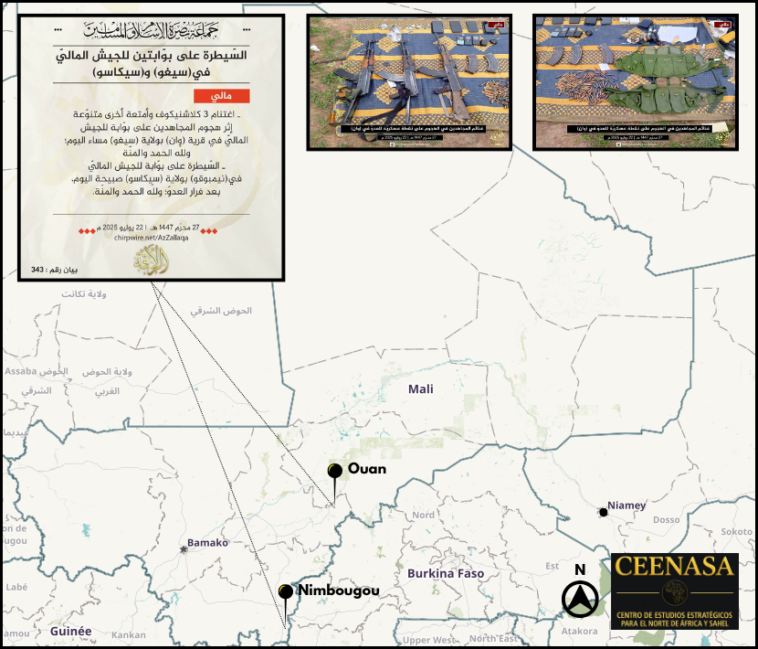 CEENASA396971's tweet photo. #MALI 🇲🇱
On July 22, the #JNIM claimed to have taken control of two #FAMa posts near #Ouan in #Ségou Province and #Nimbougou in #Sikasso Province. Soldiers reportedly fled their position.
Were seized:
- 3 AR
and more https://t.co/Sxqs6RapzD