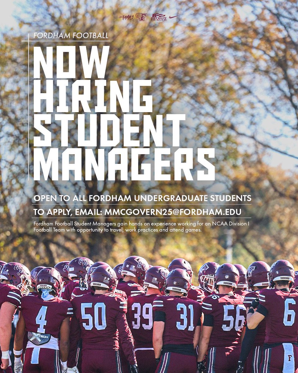 RAMS... come work with us 💪‼️

Fordham Football is looking for new student managers to join our team. 

If you are:
- Hardworking
- Dedicated
- Enthusiastic

We want you to join our team! Email mmcgovern25@fordham.edu if interested. 

#RAMILY
