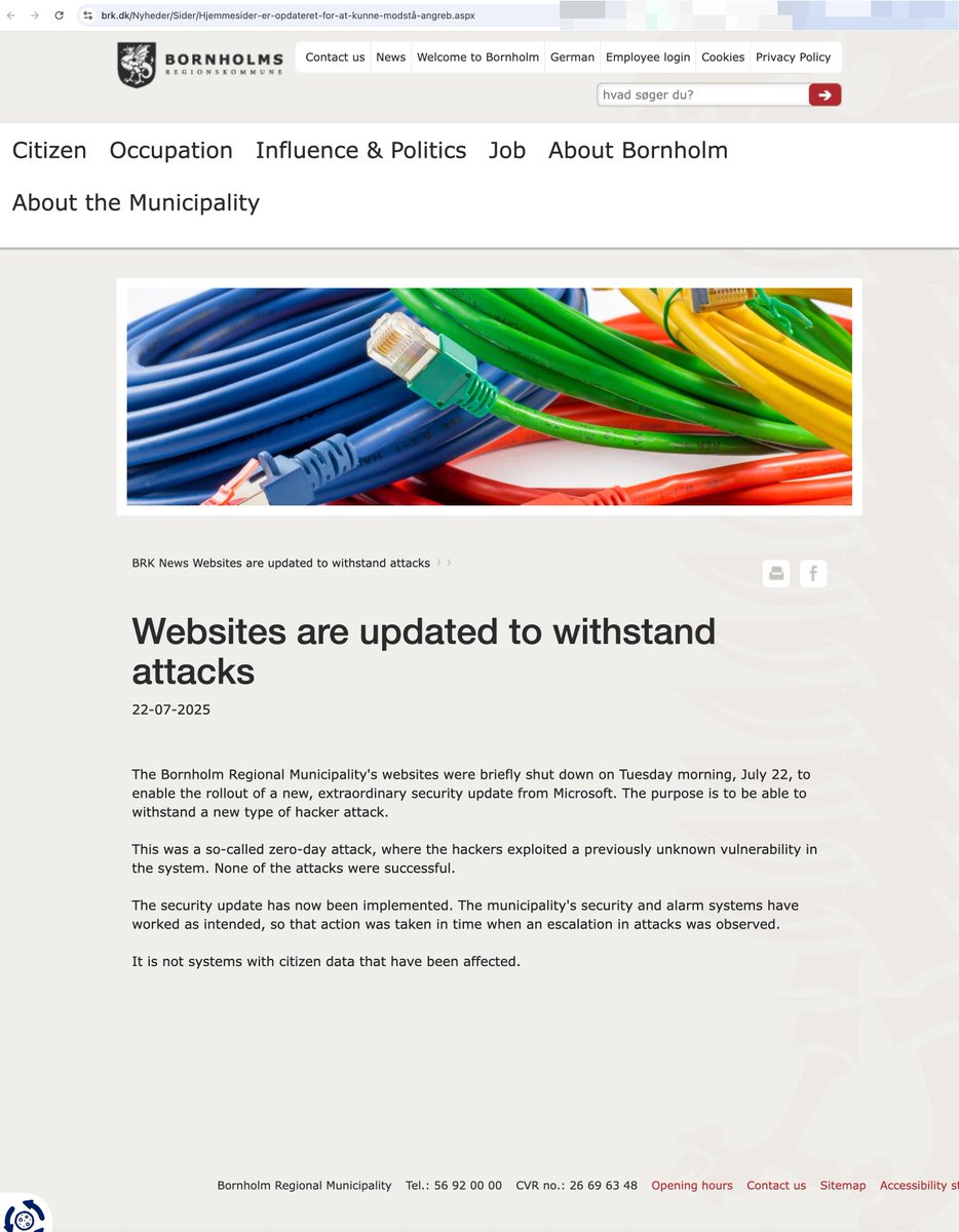 _venarix_'s tweet image. Bornholms Regionskommune (brk.dk), a municipality in #Denmark 🇩🇰, confirms it has been affected by the #ZeroDay vulnerability in #Microsoft #SharePoint. The actor group behind this #hack remains unknown at this time.
@Microsoft
#NASDAQ $MSFT
Stay informed,…