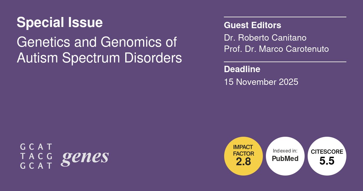 Genes_MDPI's tweet image. Dr. Roberto Canitano and Prof. Marco Carotenuto’s Special Issue: Genetics and Genomics of Autism Spectrum Disorders aims to enhance understanding of the genetic basis and abnormalities in neurodevelopmental disorders.
#Autism
Submit your research at:
mdpi.com/journal/genes/…