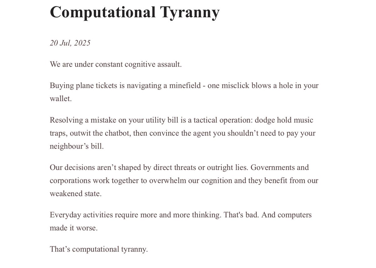 new post! it's called "computational tyranny"

it's an extension of a thread I posed here, trying to point at a common thread between a couple of problems I was thinking about recently

give it a read! linked below