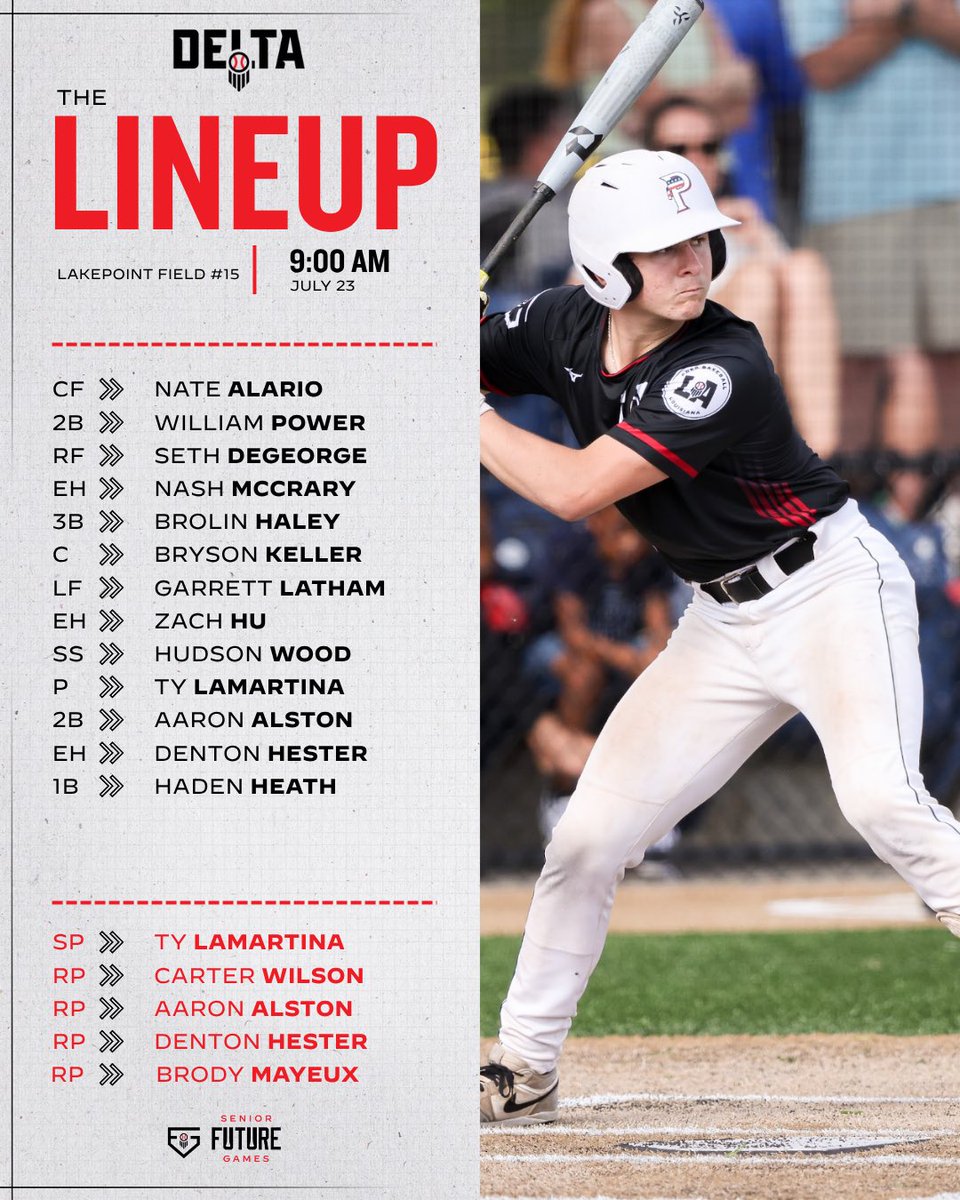 PrepBaseballLA's tweet image. ๐ #๐๐๐๐
๐๐๐ ๐๐๐ฆ๐ ๐ ๐๐ข๐ง๐๐ฎ๐ฉ
๐๏ธ 07/23/25
๐ 9 AM EST
๐@LakePointSports Field 15
๐ Plains
Hereโs how Team Delta will roll out for Game 2 of the Senior Future Games. #BeSeen
@PrepBaseballMS